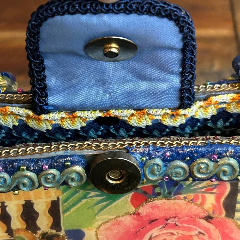 Mary Frances Beaded Box Crossbody Bag Floral Guitar Art Handcrafted Purse
